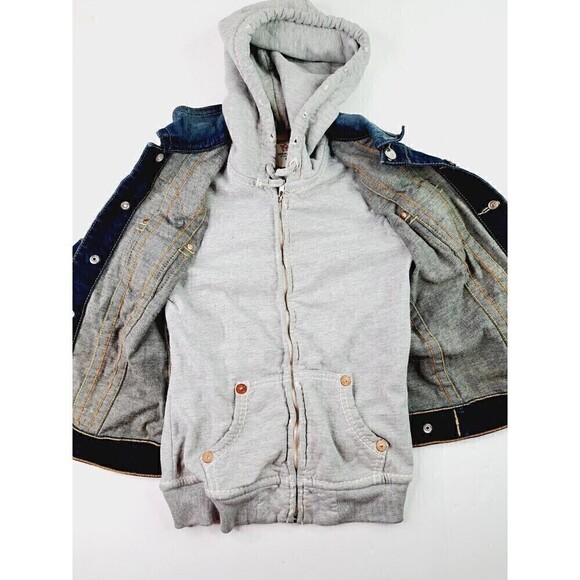 True Religion Jimmy Hooded Denim Jacket Distressed Built In Hoodie Unisex Sz XS - Picture 5 of 7